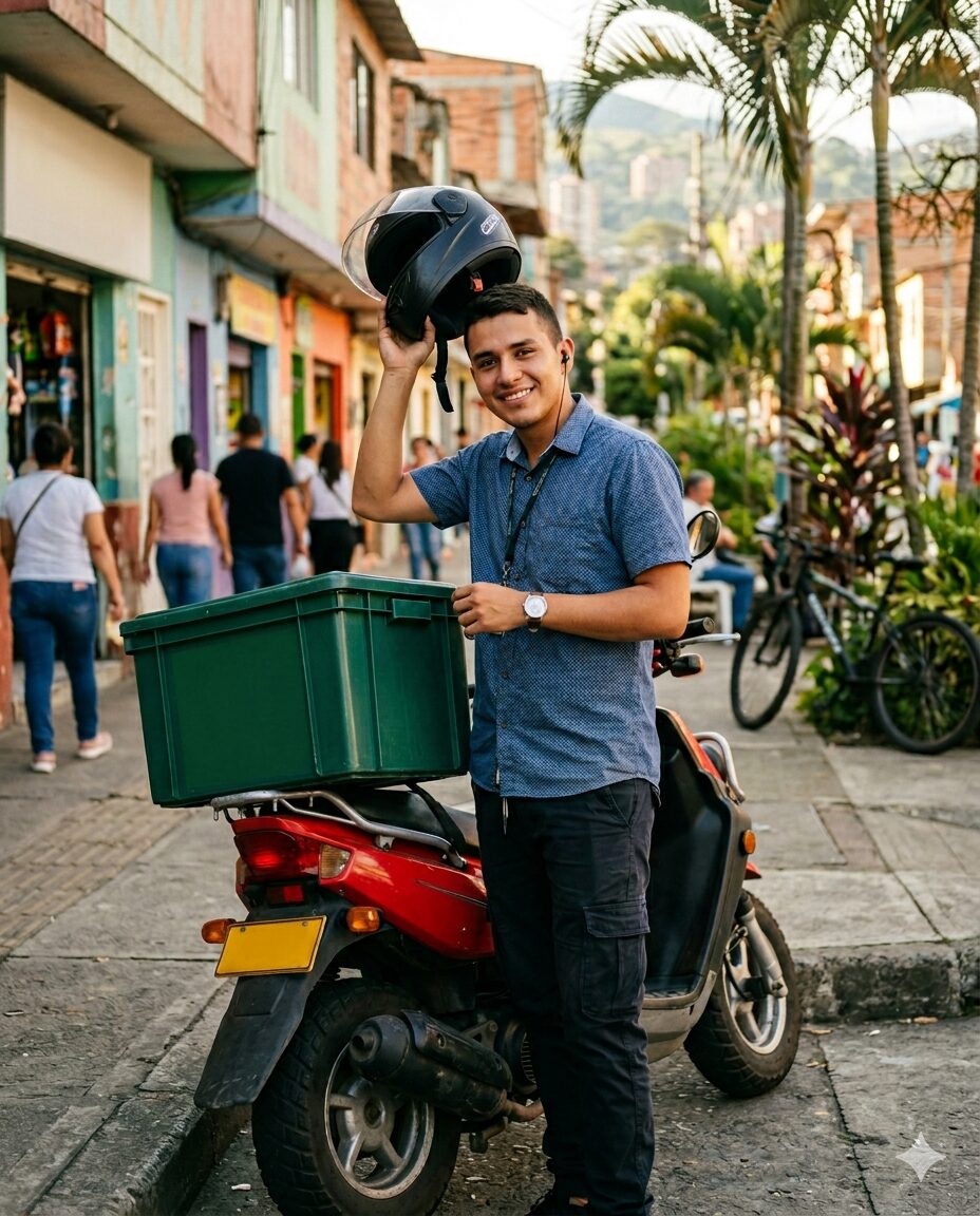 Domiciliario de Central Farma en moto con caja entregando un pedido