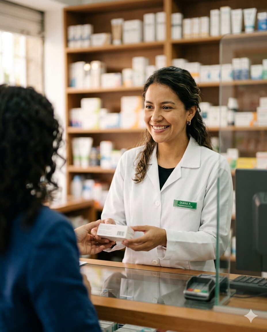 Farmaceuta de Central Farma atendiendo a un cliente con una sonrisa