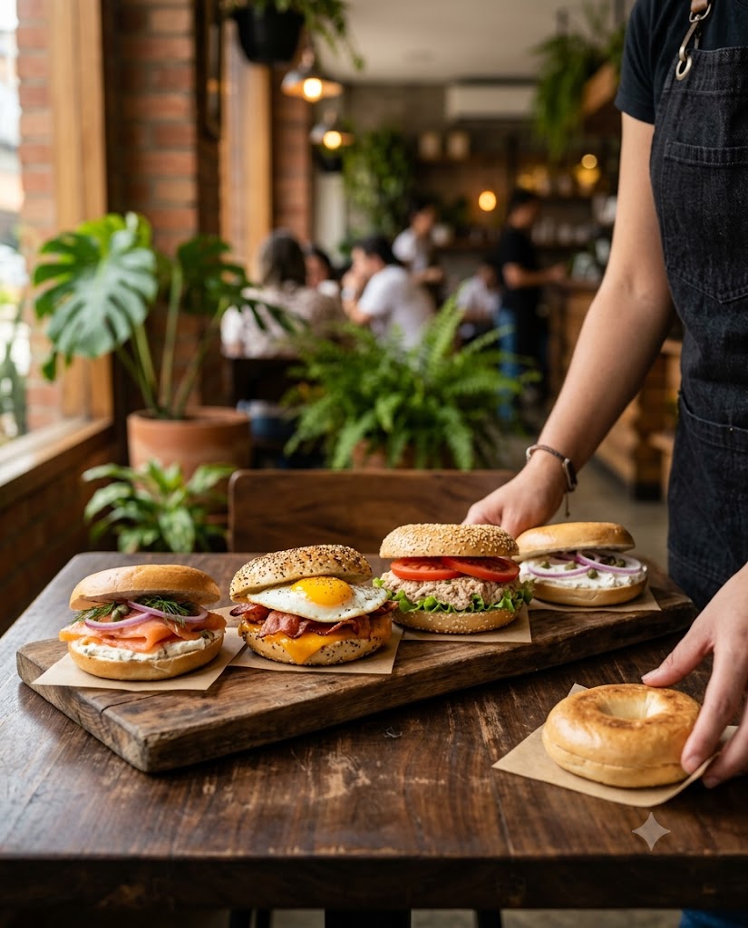 Tabla de bagels y sándwiches estilo brunch · varias opciones de proteína