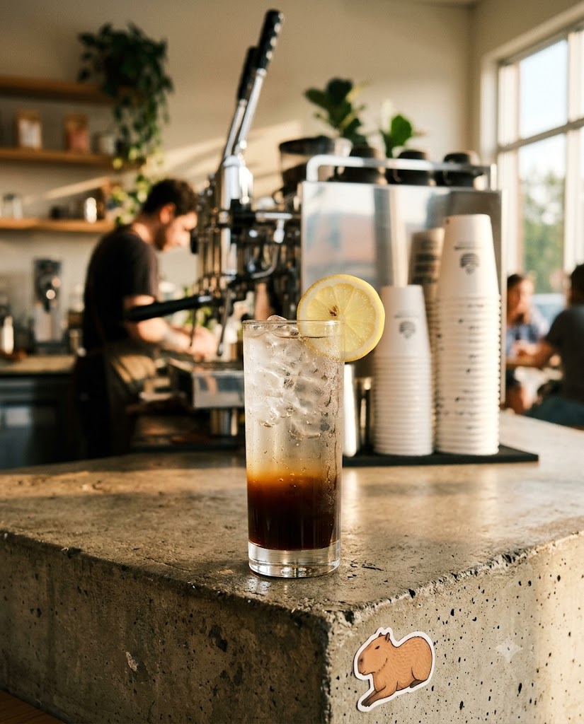 Cold brew tonic servido en vaso alto con limón y burbujas