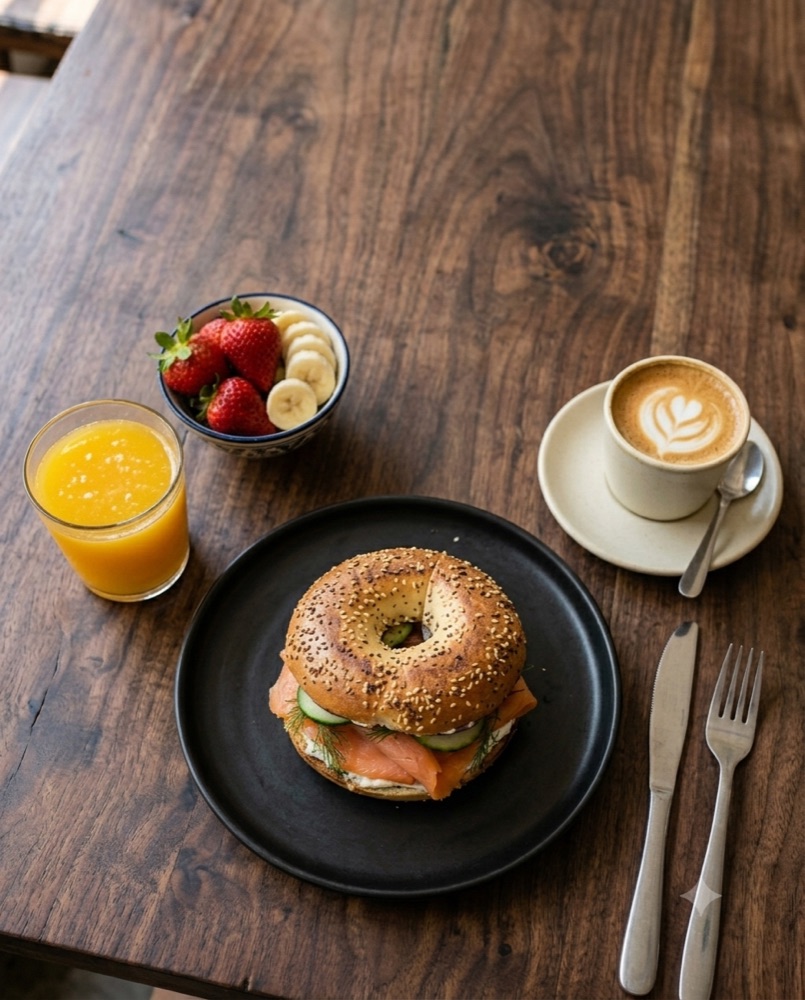 Smoked Salmon Bagel · bagel con salmón ahumado, queso crema, eneldo, pepino y cebolla morada